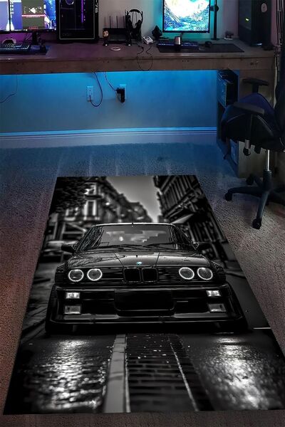 Qatalina Kaymaz Taban Makinede Yıkanabilir Spor Yarış Arabası Desenli Oyuncu Gamer Genç Odası Halısı