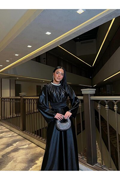 Suedcollection Rochie de seară din satin cu mâneci spaniole, cu talie înfășur...