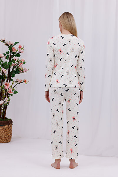 Arvin Pijama Жіночий комплект піжами з довгими рукавами, м'якої текстури, з принтом персонажа Bear With Ribbon