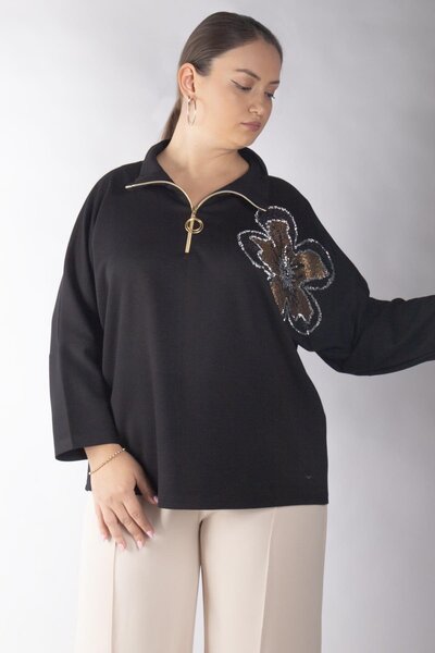 Bedrinxxl Kadın Büyük Beden Yarım Fermuarlı Pul Payet Çiçek Detaylı Osho Kuma...