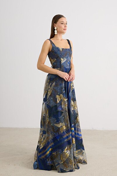 Carmen Lacivert Kare Yaka Jakarlı Abiye Elbise