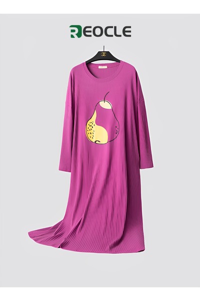 REOCLE Women's Mid-length Cute Cartoon Round Neck Pullover Long Sleeve Casual Loose Home Clothes