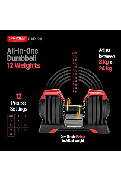 Sparnod Fitness SAD-24 Adjustable Dumbbell 24kg, 12 Weight Levels, Quick Adjust, Safety Lock & Rack