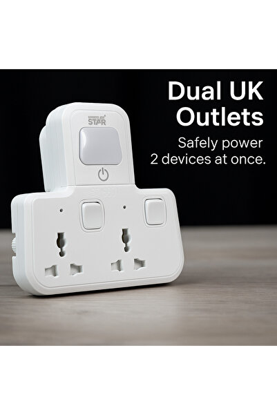 WINNINGSTAR 2-Outlet UK Plug Extension Socket (ST-3601), 10A/2500W with Night Light for Home or Office