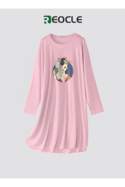 REOCLE Women's Mid-length Cute Cartoon Round Neck Pullover Long Sleeve Casual Loose Home Clothes