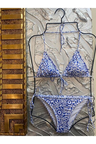 VAJESTO Set de bikini triunghi elegant cu șnur, cu model de flori albastre, material elastic piese