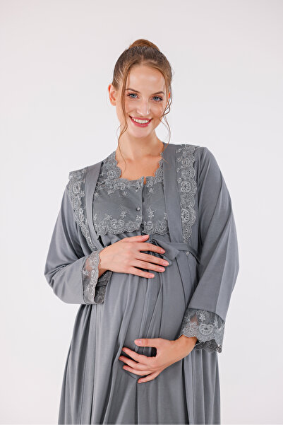 Yulem Homewear Smoked Special Lace Long Sleeve Cotton Full Length Maternity Nightgown-Dressing Gown Set of 2