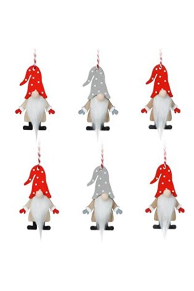 BAMI NETWORK Wooden Christmas Tree Ornaments Gnome Red Gray with Polka Dots 8cm - 6pcs