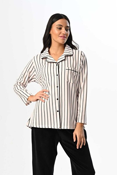 Pelin Women's Black Front Buttoned Winter Maternity 3-Piece Pajama Set