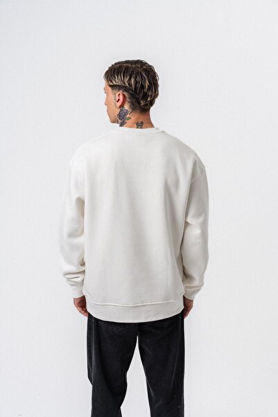 Respire Men's Basic Oversize Sweatshirt with Text Detail Ecru