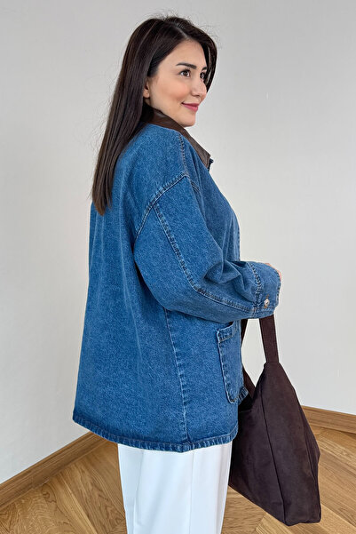Cappmoda Ckt-250570 Blue Leather Collar Buttoned Oversize Denim Jacket