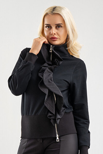 Bold & Young Black Stylish Zippered Sweat Jacket with Flywheel Detail