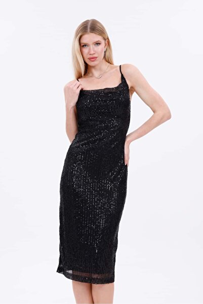 Pulli Collection Pul Payetli Askılı Midi Elbise – Işıltılı Gece Elbisesi