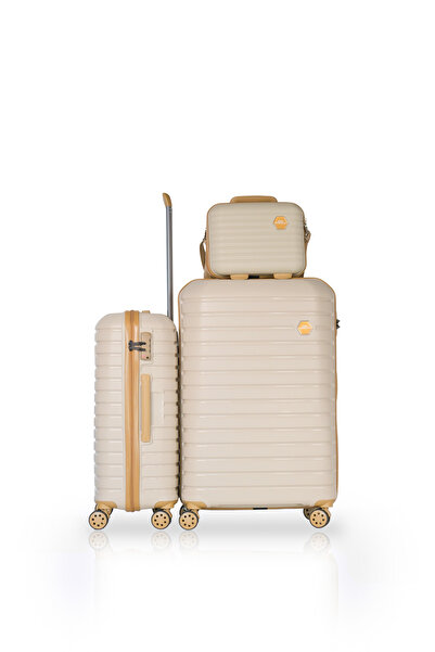 GROUND Vanille Gar Büyük ve Orta Boy Valiz + Makyaj Çantası - Kemik Gold - 10663