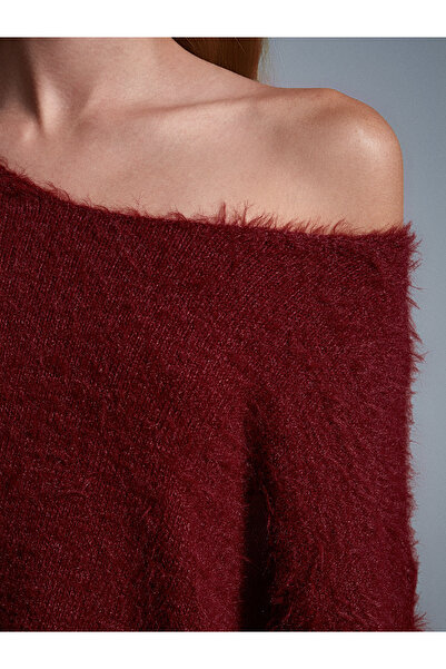 Dilvin 10806 Πλεκτό πουλόβερ με μαλακή υφή με λαιμόκοψη καγιάκ-Σκούρο μπορντό