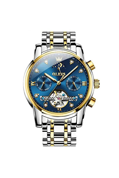 OLEVS Ceas bărbătesc argintiu albastru analogic mecanic automat cu dată și indici fosforescenți