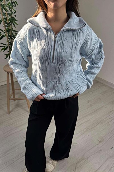 EXPLODE Kadın Mavi Fermuarlı Yaka Oversize Örgülü Triko Kazak