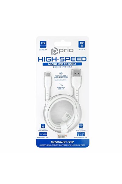 Prio Cablu de date și încărcare Micro USB la USB A 3A, Prio, 1.2m Alb