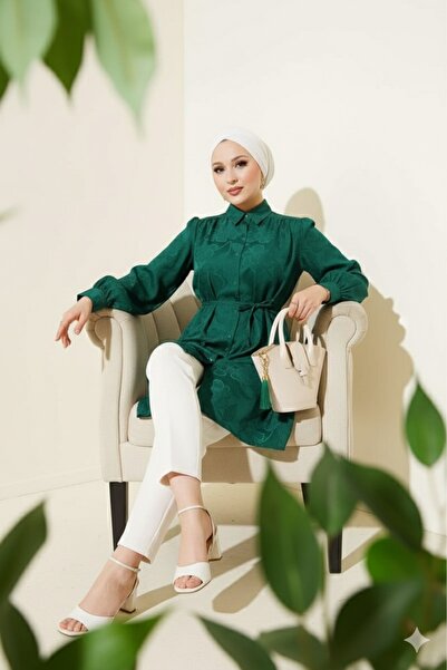 Kırmızı iz Saten gömlek tunik tesettür bağlamalı tunik kendinden desenli tuni...