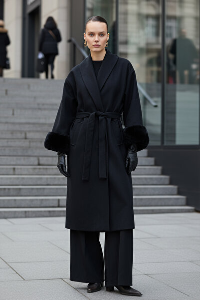 Salih Çelebi Palton cu mâneci din blană 5892 - NEGRU