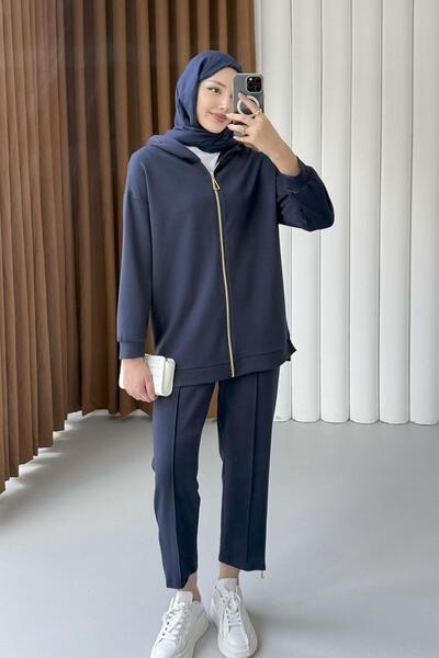 Modaensarbutik Fermuar Detaylı Oysho Kumaş Kapüşonlu Tesettür Takım-LACİVERT