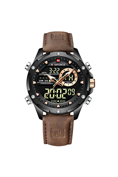 Naviforce Men's Watch Chronograph Casual Analog Digital Quartz Brown Leather
