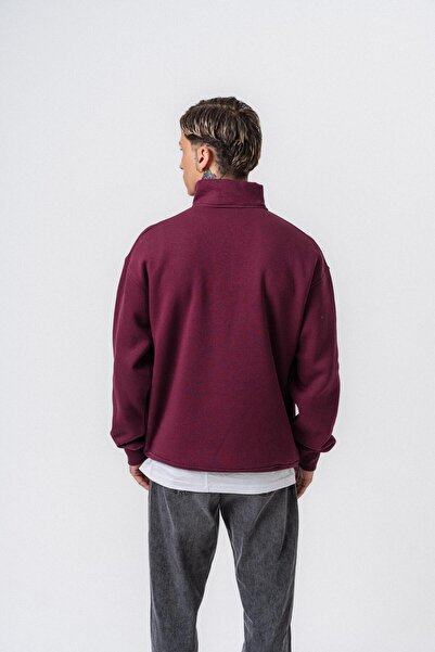 Respire Men's Text Detailed Half Zipper Basic Sweatshirt Cherry