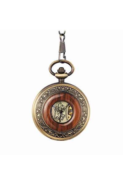 Gorben Ceas de buzunar mecanic schelet cu inserție de lemn, lanț vintage