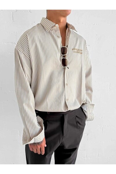 ablukaonline Ανδρικό μακρυμάνικο πουκάμισο με στάμπα oversize ανοιχτό καφέ