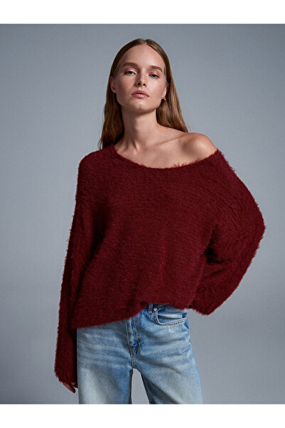 Dilvin 10806 Πλεκτό πουλόβερ με μαλακή υφή με λαιμόκοψη καγιάκ-Σκούρο μπορντό