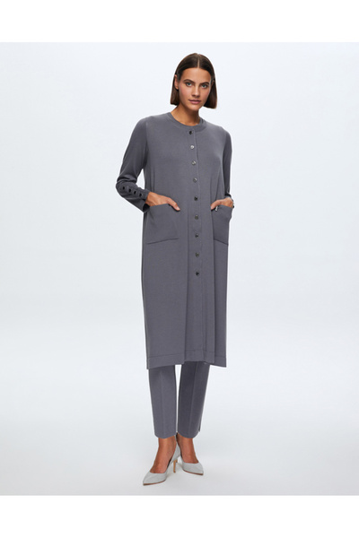 MISS DALIDA T24K-9022 Düz Renk Düğmeli Uzun Hırka OMERO-DARK GREY