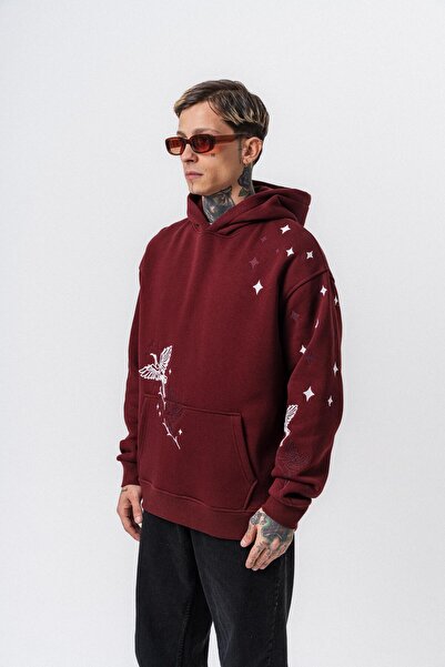 Respire Men's No Perch Embroidered Hooded Oversize Hoodie Burgundy