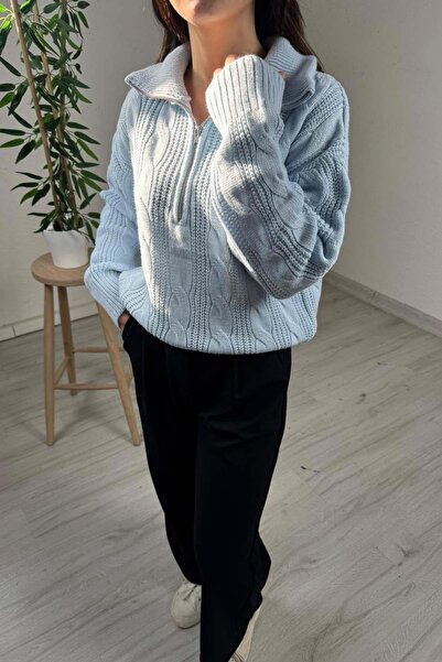 EXPLODE Kadın Mavi Fermuarlı Yaka Oversize Örgülü Triko Kazak