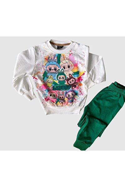 Patriko KIZ ERKEK ÇOCUK 2 İPLİKLİ LABUBU BASKI YEŞİL SWEATSHIRT ALT ÜST EŞOFMAN TAKIMI-1 beden büyük alınız