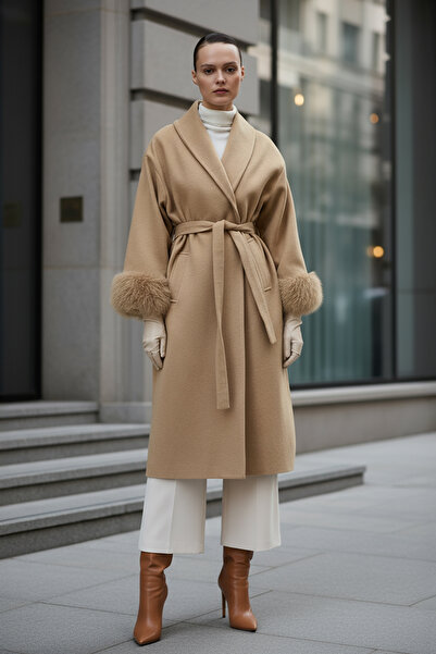 zhrcelebi Fur Sleeves Cashmere Coat 5892 - Vi̇zon