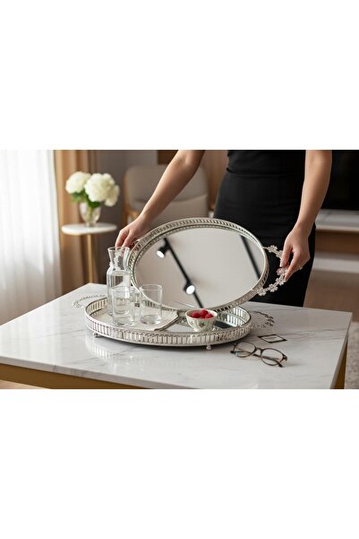 ROY KING OVAL KULPLU METAL AYNALI TEPSİ 34*23*4 CM