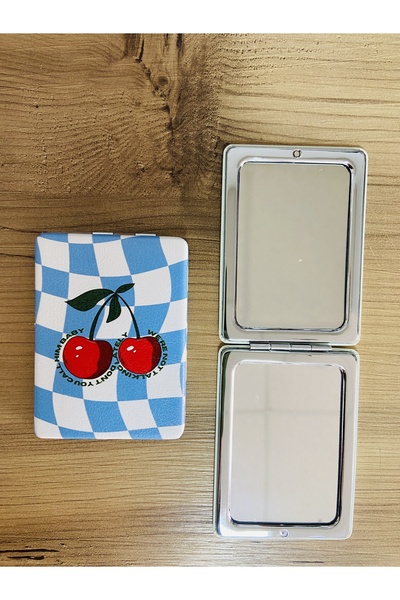 synshop Kirazlı Cherry Damalı Makyaj Cep Çanta Ayna 1 Tarafı Büyüteçli Katlanır