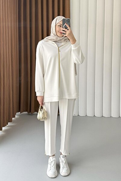 Modaensarbutik Fermuar Detaylı Kapüşonlu Tesettür Takım-BEYAZ