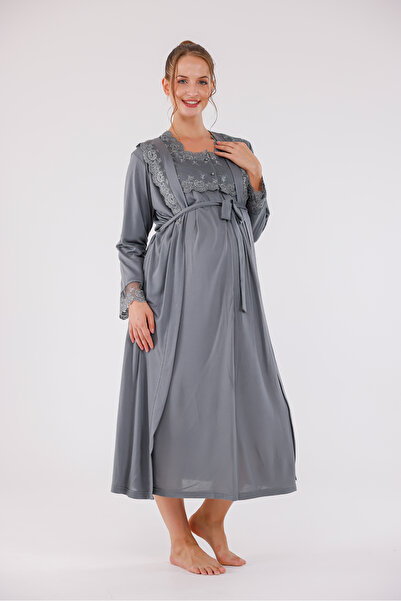 Yulem Homewear Smoked Special Lace Long Sleeve Cotton Full Length Maternity Nightgown-Dressing Gown Set of 2