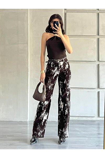 Coral İnce Kemerli Boyalı Kaşe Pantolon Ekru - Kahve