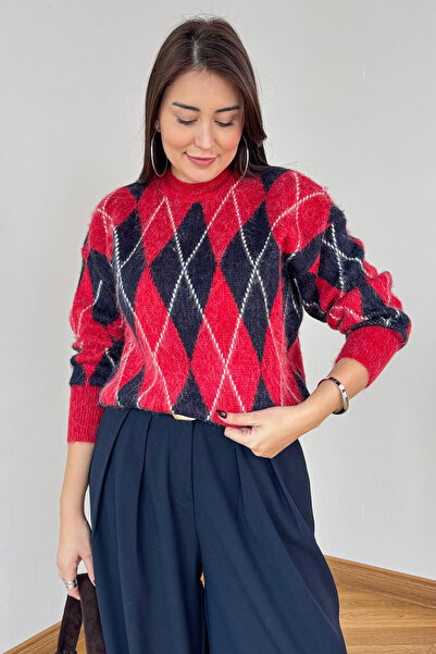 Cappmoda Trk-2777 Red Diamond Pattern Oversize Knit Sweater