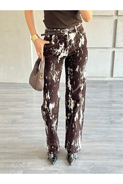 Coral İnce Kemerli Boyalı Kaşe Pantolon Ekru - Kahve