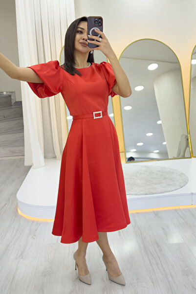 zks grup tekstil Women's Balloon Sleeve Stone Belted Midi Length Satin Evening Dress Black, White, Indigo, Saks, Red, Navy Blue