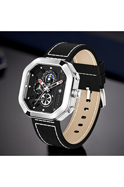 Lige Ceas bărbătesc Octagon din piele, cronograf, cu dată, argintiu