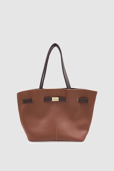 Wuclo Ferny Belt, Buckle and Stitching Detailed Arm and Shoulder Bag Tan