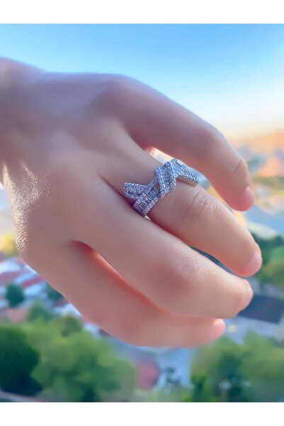 VEGALUXE Steel Bow Zircon Stone Silver Color Ring Adjustable to Fit the Finger. Does Not Tarnish.