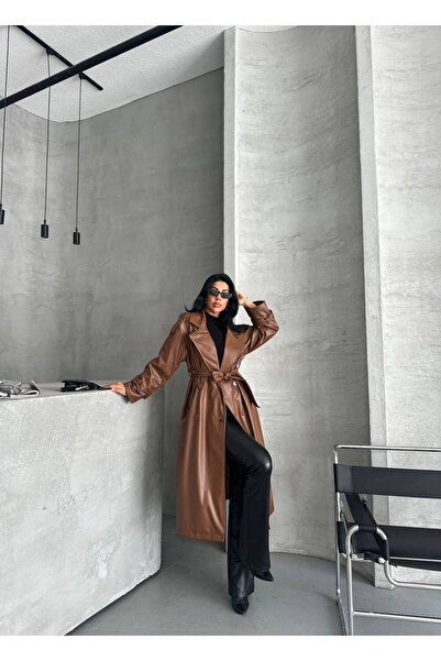 VESS MODA Kadın Kol Kemer Detaylı Düğme ve kuşak Kapamalı Deri Trençkot