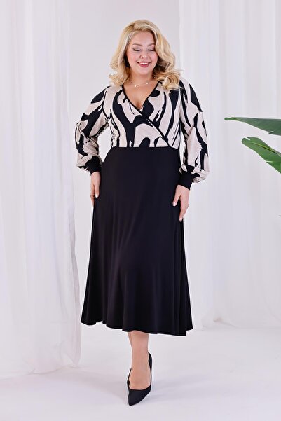 Madwilo Women's Beige Black Abstract Pattern Blocky Double Breasted Collar Balloon Sleeve Plus Size Stretchy Maxi Dress