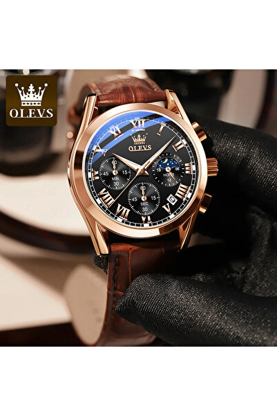 OLEVS Ανδρικό Ρολόι Δερμάτινο Quartz Αναλογικό Κλασικό Business Καφέ