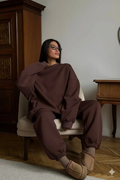 The Champ Clothing Дамски комплект от двойни спортни панталони Basic Brown – велосипедна яка, еластичен подгъв, 3-нишка полар